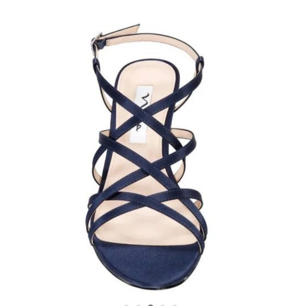 Nina Navy Neptune Satin Strappy Mid Heel Sandal Nwot Never Worn Size 7.5